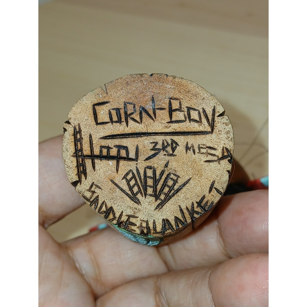 Vintage Hopi Corn Boy Kachina Dance Rattle Signed Saddleblanket Two Faced Shaker - Picture 12 of 16